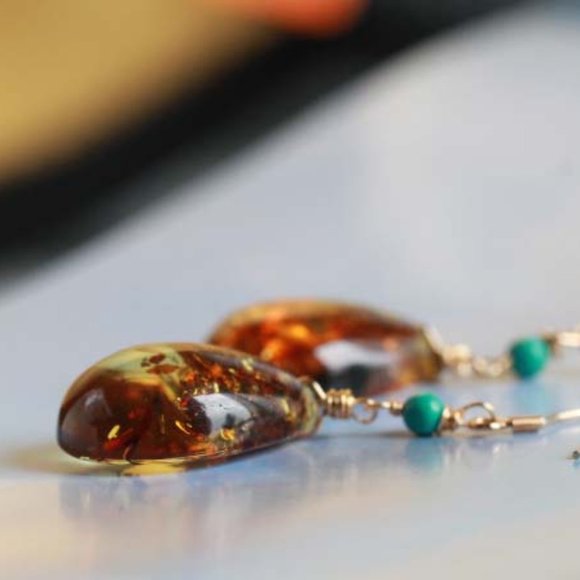Sterling Silver Natural Baltic Amber Natural Turquoise Stone Earrings for Her - Picture 4 of 7